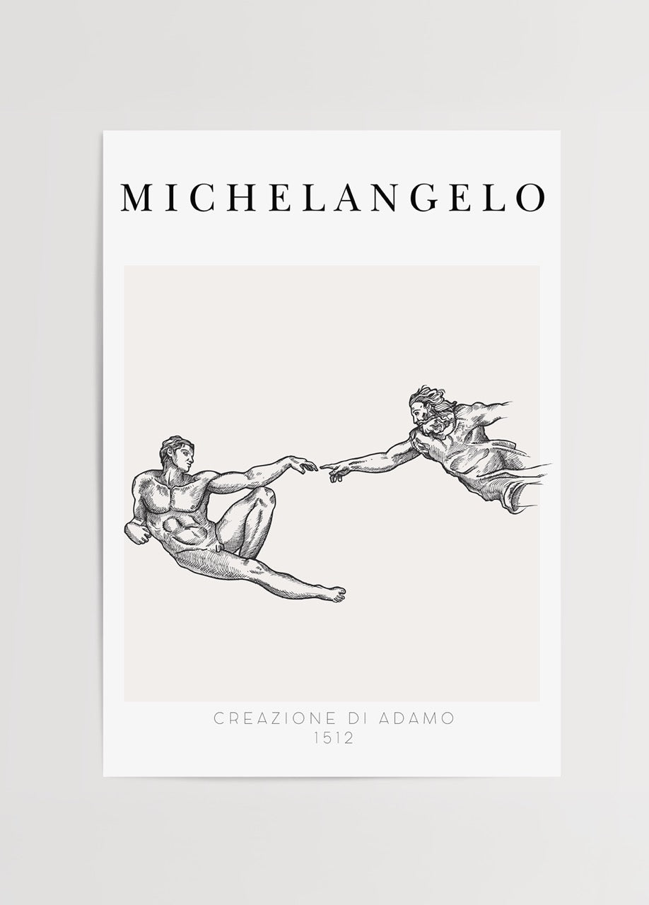 Michelangelo’nun Adem’in Yaratılışı sahnesinden ilhamla çizilmiş siyah beyaz minimal poster