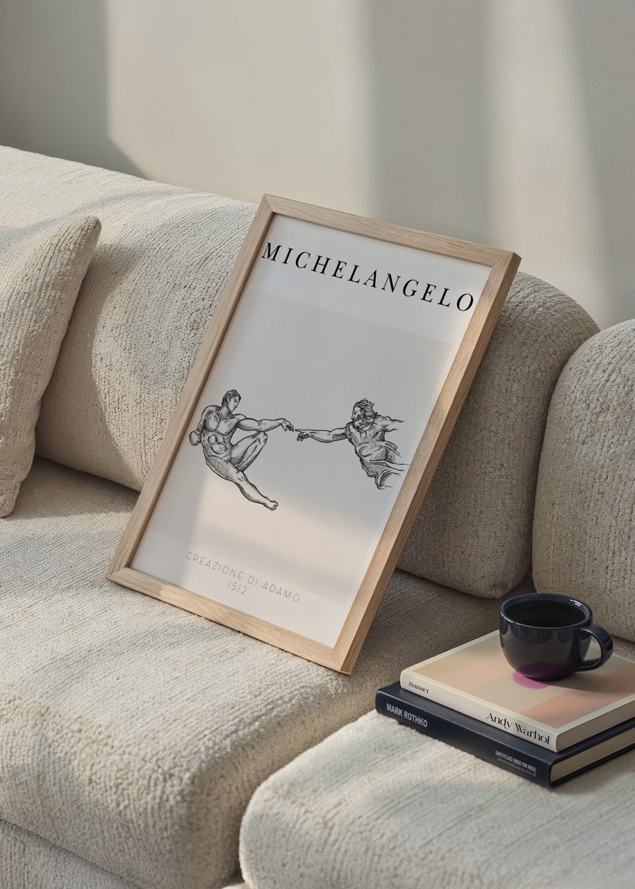 Michelangelo’nun Adem’in Yaratılışı sahnesinden ilhamla çizilmiş siyah beyaz minimal poster