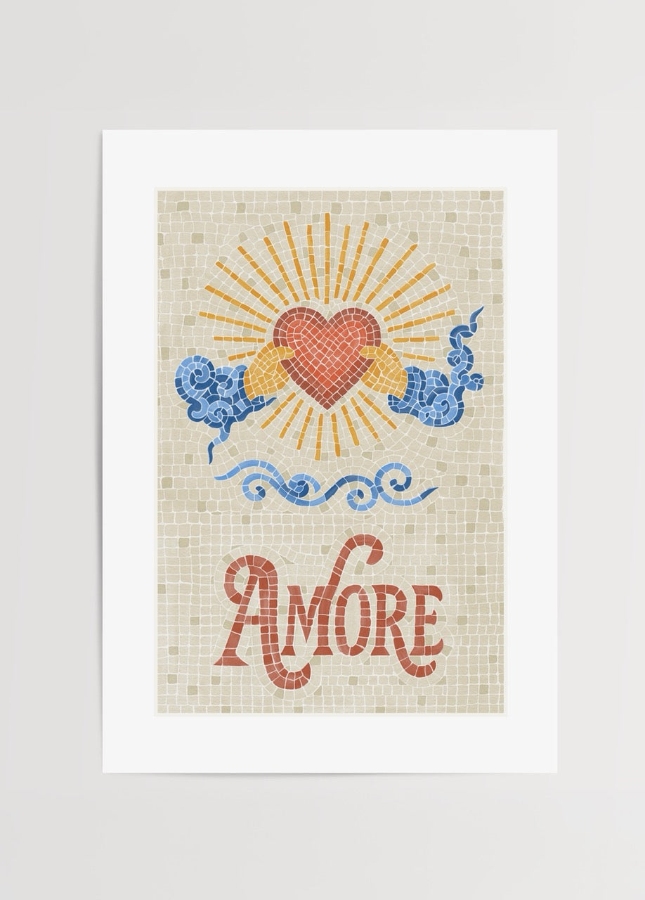Thola Studio’nun Amore posteri, mozaik desen estetiğiyle kalp ve ışık sembolleriyle hazırlanmış aşk temalı poster baskı.