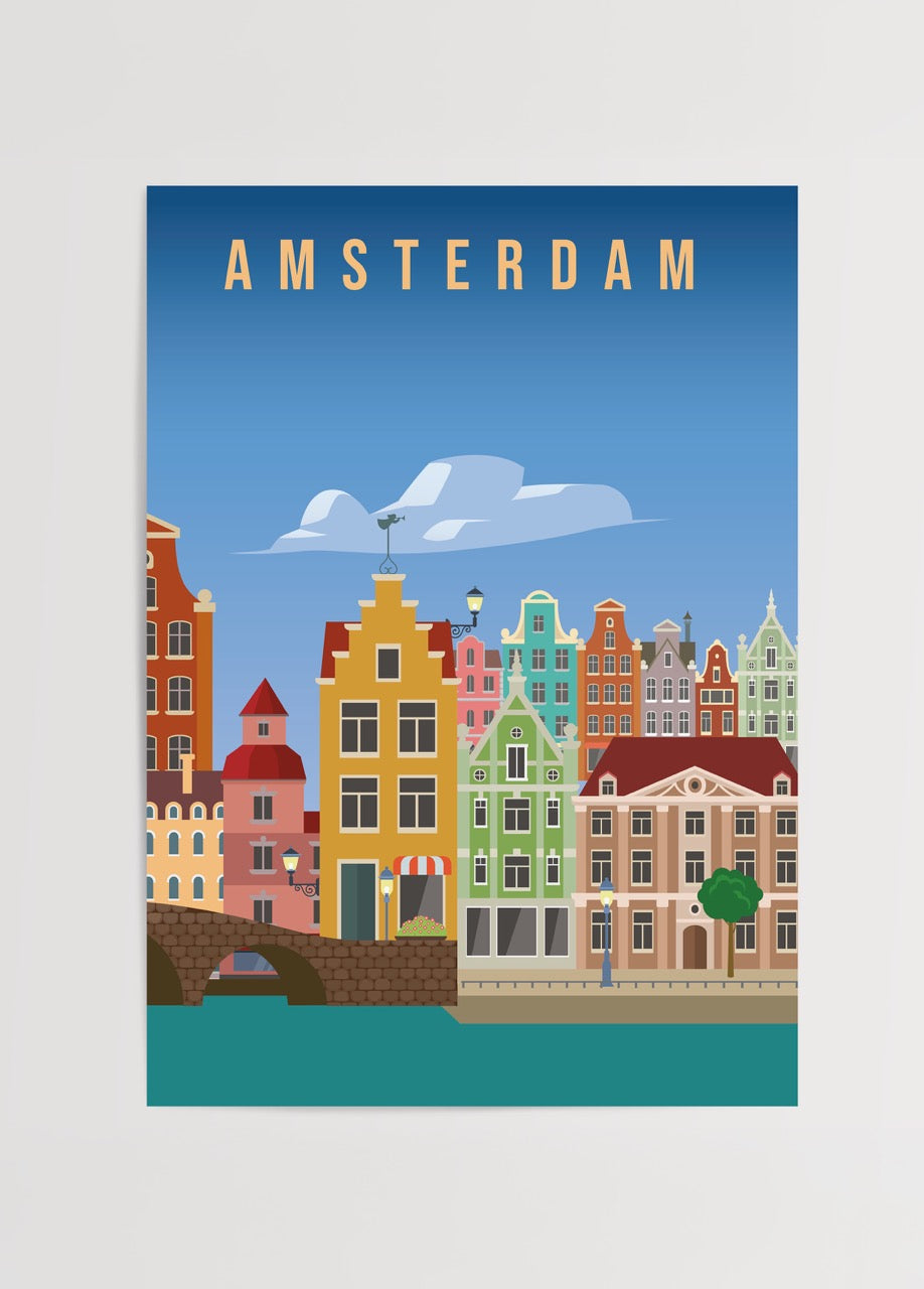 Amsterdam kanal evlerini renkli illüstrasyon stiliyle betimleyen dekoratif poster tasarımı
