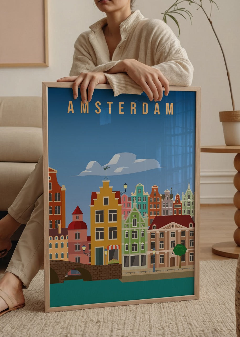 Amsterdam kanal evlerini renkli illüstrasyon stiliyle betimleyen dekoratif poster tasarımı