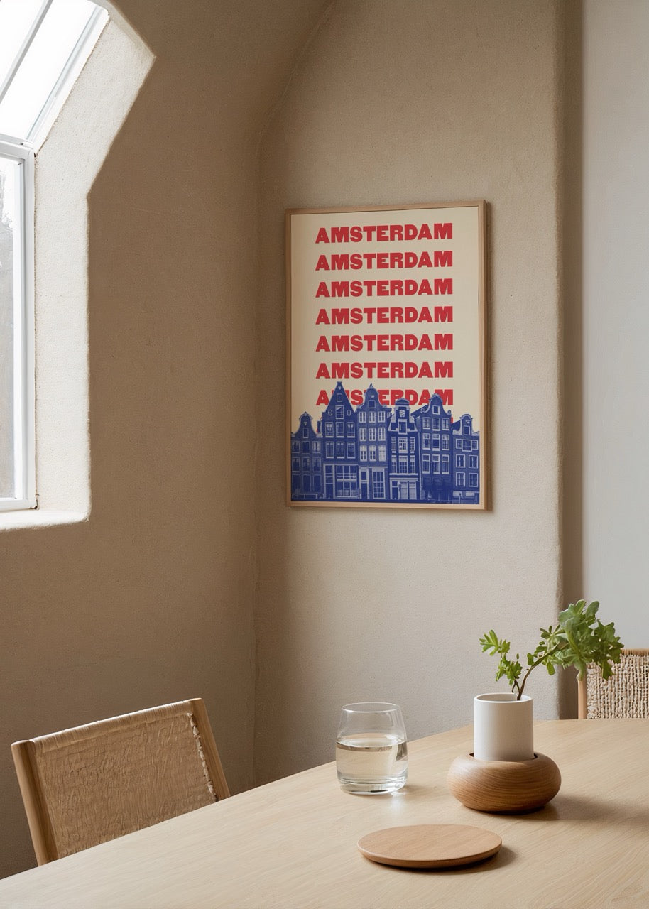 Amsterdam evleriyle tasarlanmış renkli pop art şehir posteri