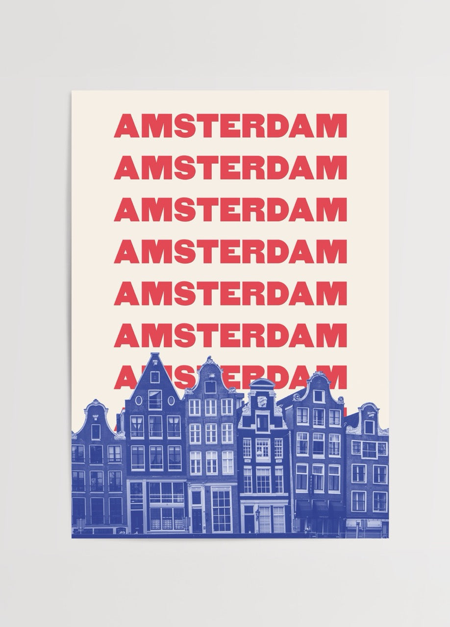 Amsterdam evleriyle tasarlanmış renkli pop art şehir posteri
