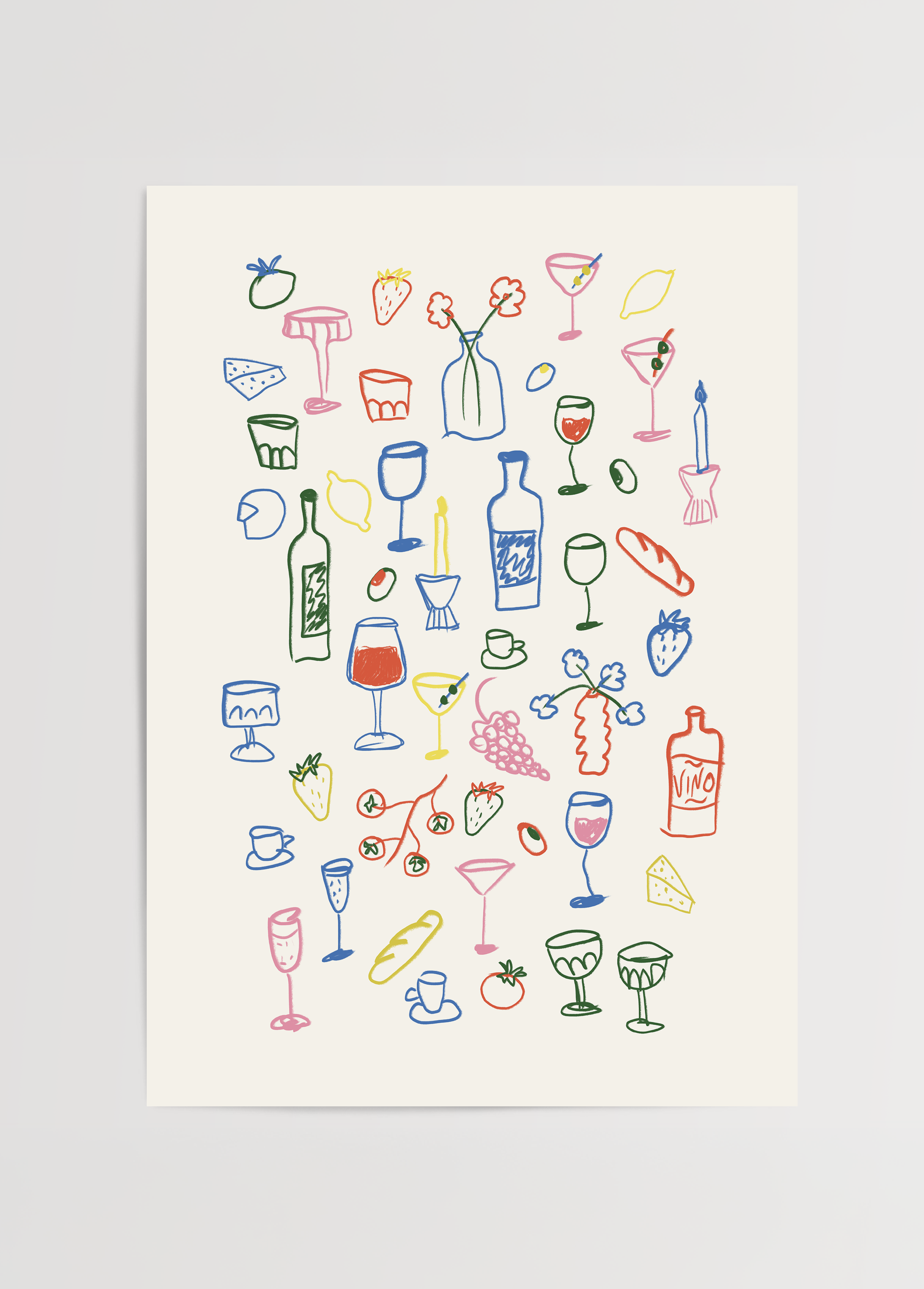 Renkli çizimlerle içki kadehleri, peynir, meyve ve objelerden oluşan eğlenceli aperitivo temalı illüstratif poster