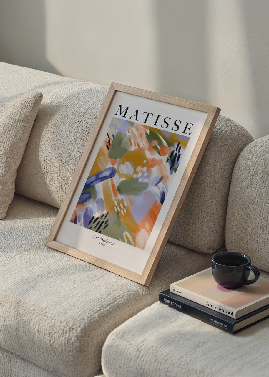 Art Moderne başlıklı, turuncu, yeşil, lila ve sarı tonlarında Matisse tarzı soyut poster baskısı