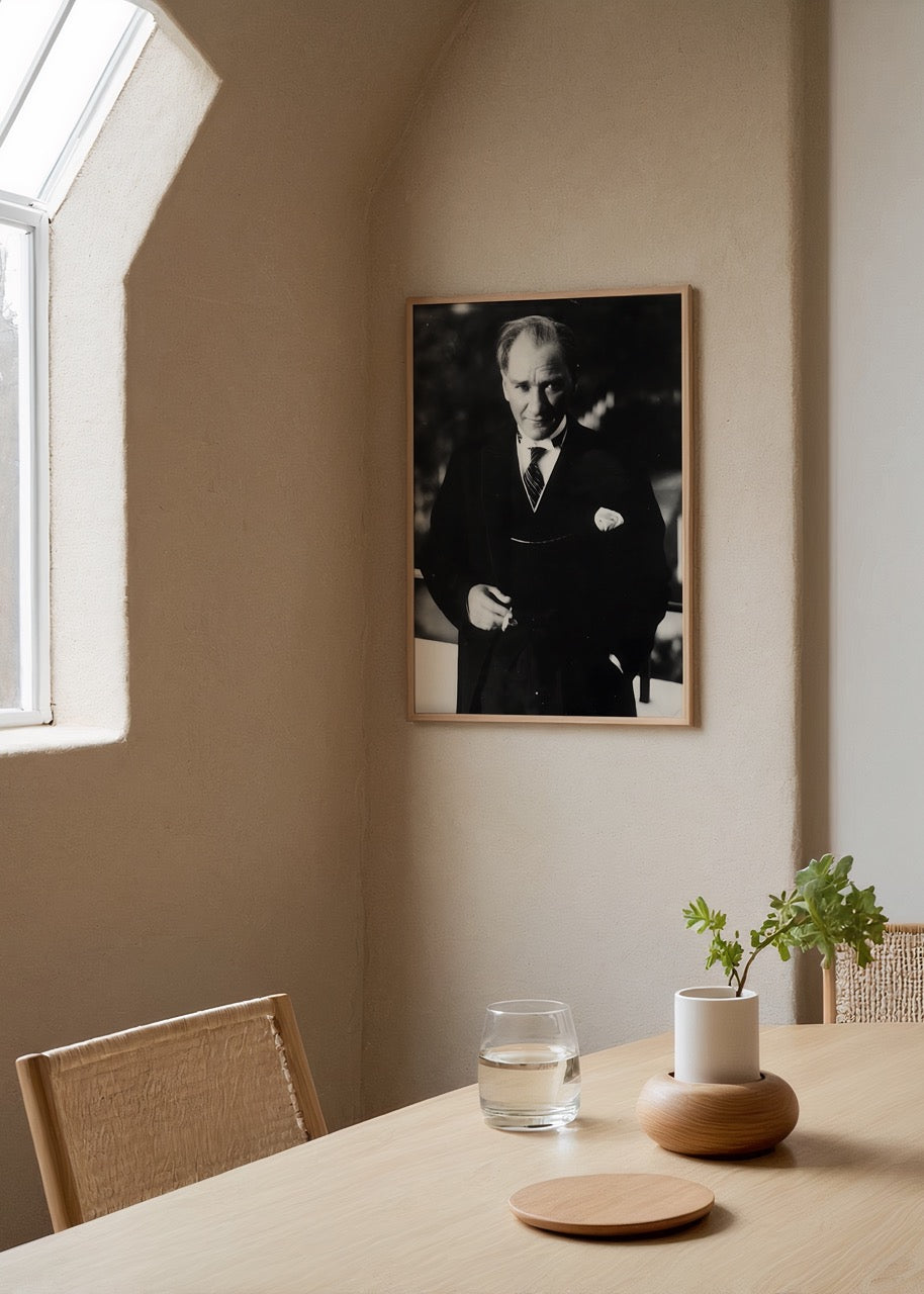 Mustafa Kemal Atatürk’ün gülümseyerek objektife baktığı siyah beyaz portre posteri