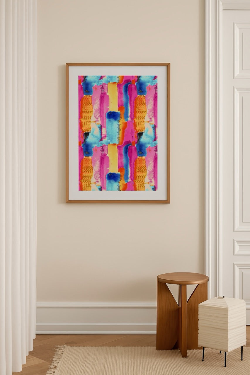 Ayfer Yılmaz’ın Color Reborn adlı soyut renkli eseri – mavi, fuşya, sarı ve turuncu tonlarında modern sanat posteri.