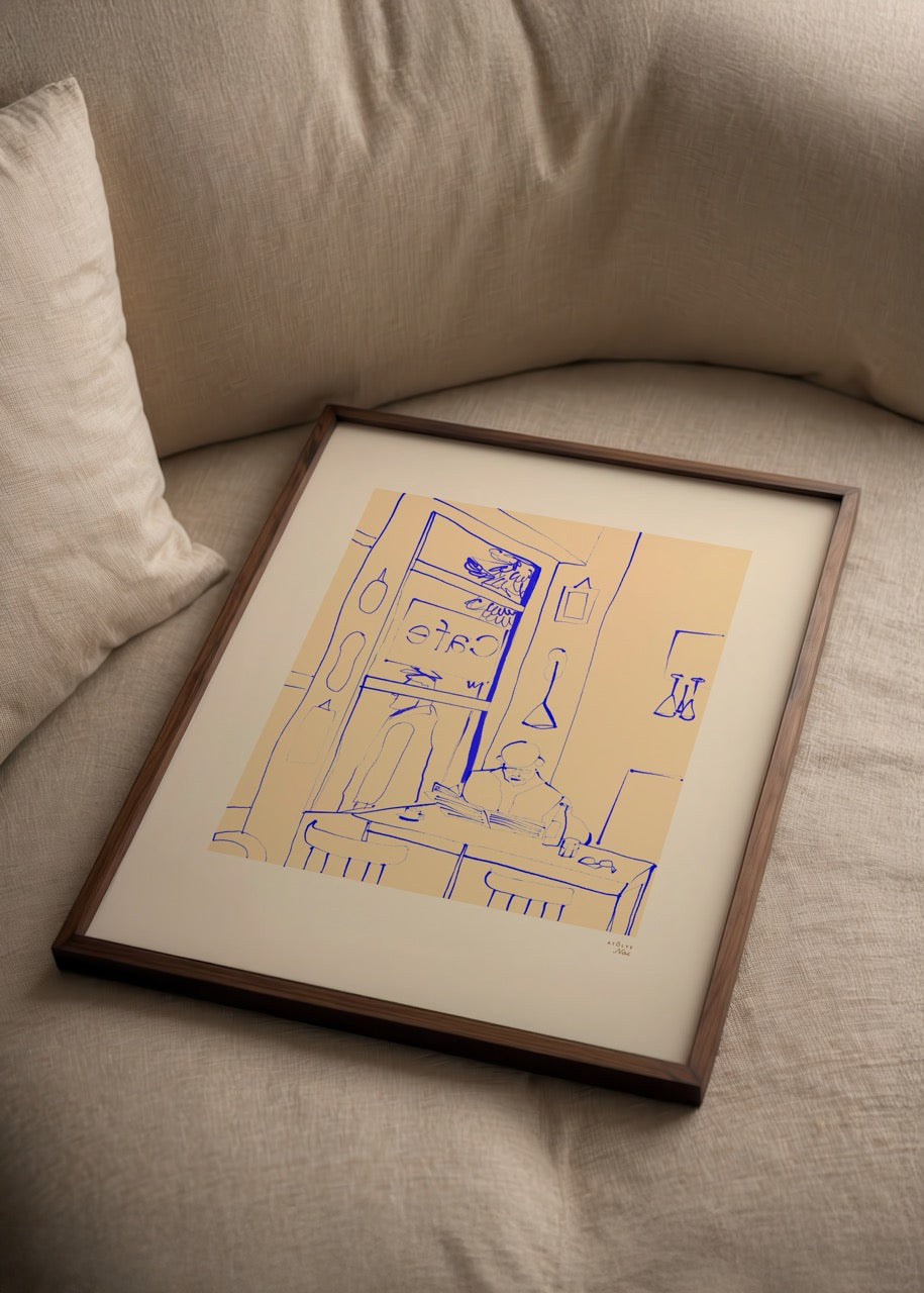 Atölye Noi imzalı Back to Town posteri, kafede gazete okuyan figür çizimiyle minimalist şehir temalı sanat baskısı.