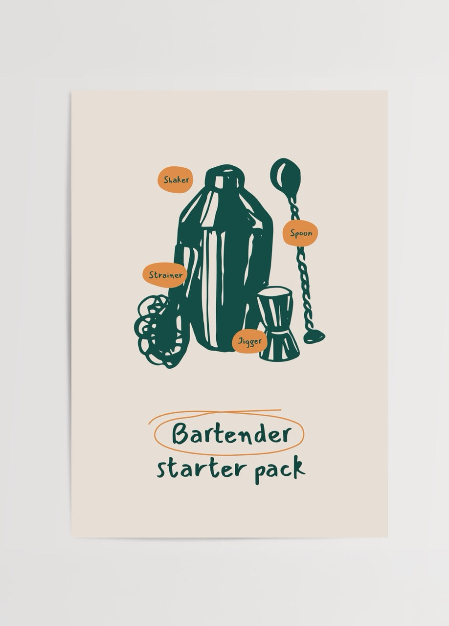 Shaker, strainer, jigger ve bar kaşığı çizimleri içeren “Bartender starter pack” yazılı bej fonlu poster.