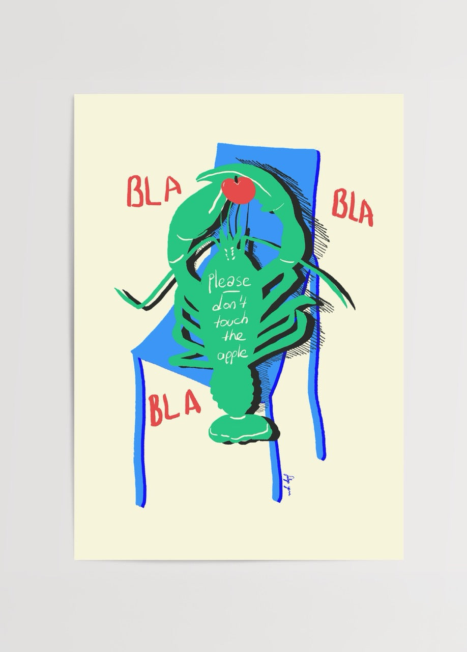 Fulya Genç imzalı Bla Bla posteri, elinde elma tutan ıstakoz figürü ve mizahi sürrealist detaylarla modern sanat baskısı.