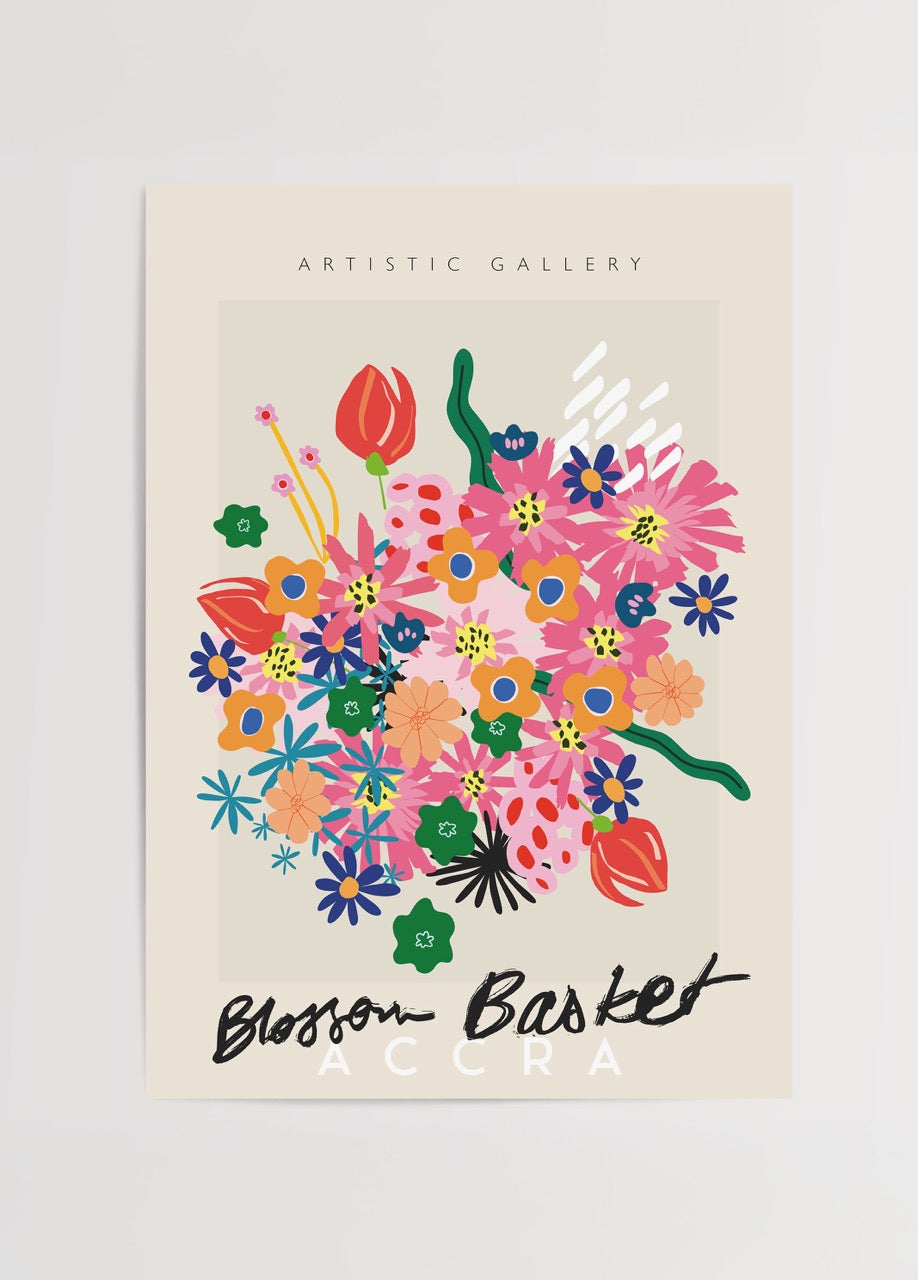 Blossom Basket – Accra yazılı, canlı renkli çiçek illüstrasyonu posteri