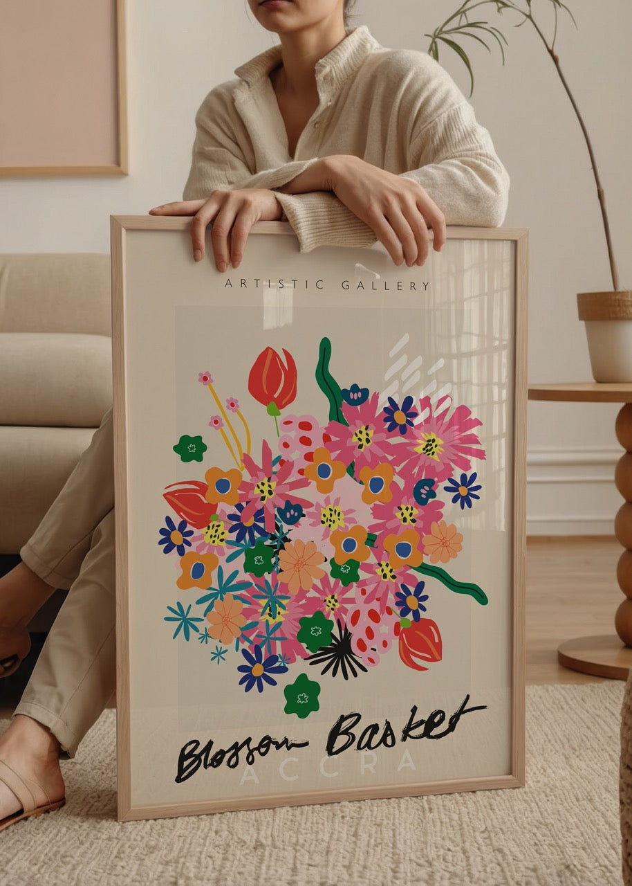 Blossom Basket – Accra yazılı, canlı renkli çiçek illüstrasyonu posteri