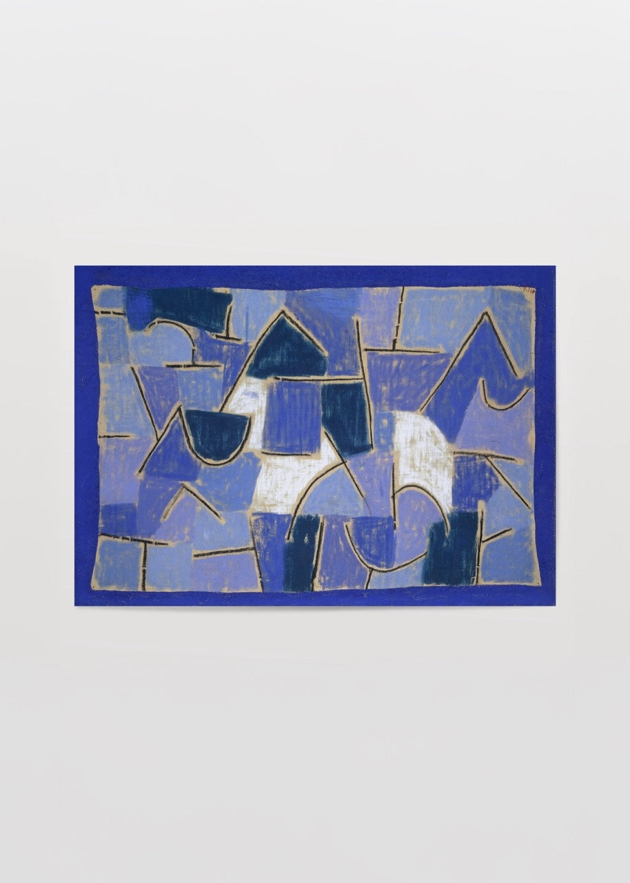 Mavi tonlarda geometrik soyut formlardan oluşan modern poster baskı