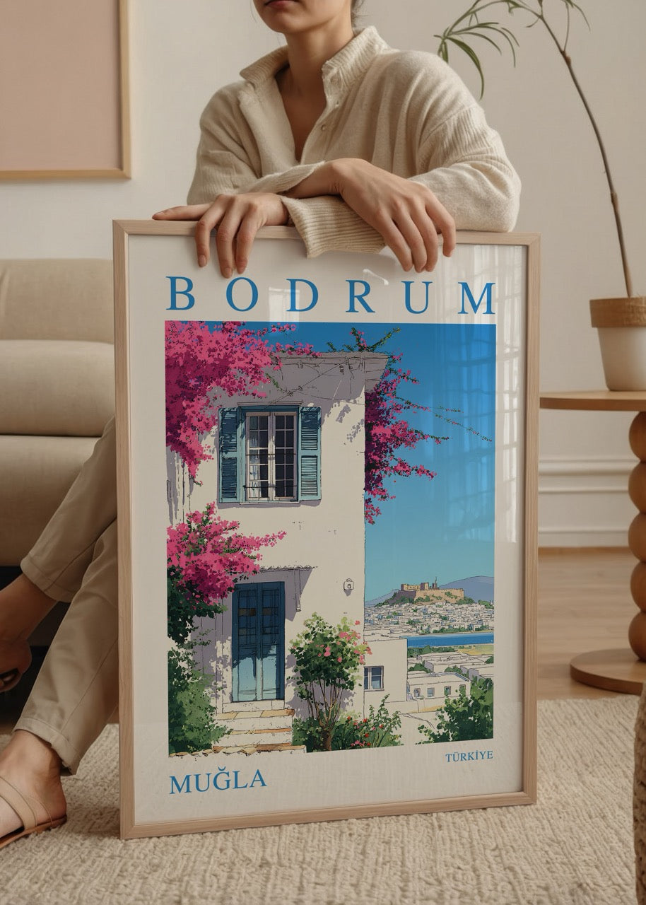 Bodrum Muğla posteri, begonvillerle süslü beyaz evler ve Bodrum Kalesi manzaralı illüstratif tasarım