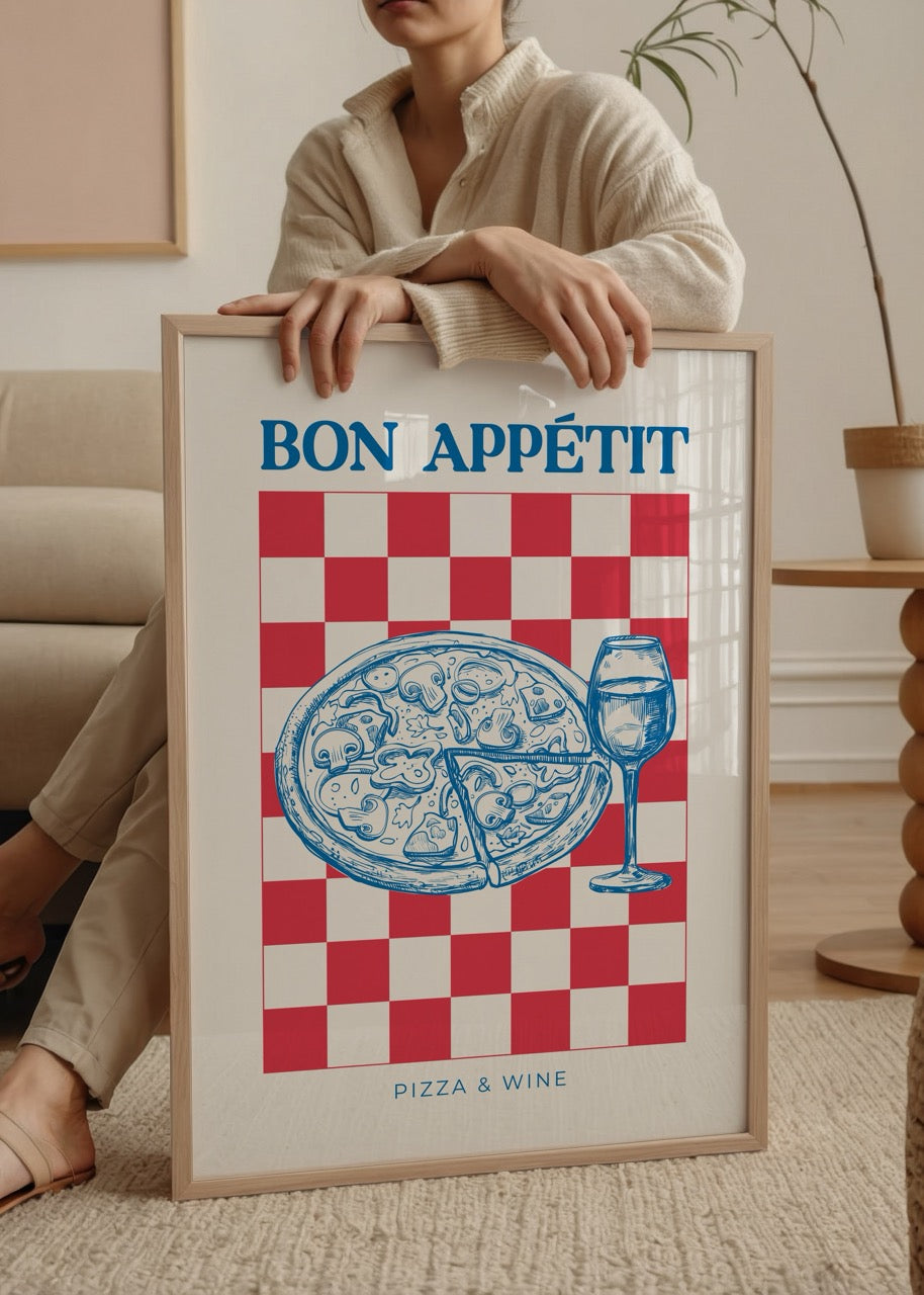 Pizza ve şarap illüstrasyonlu Bon Appétit poster baskı