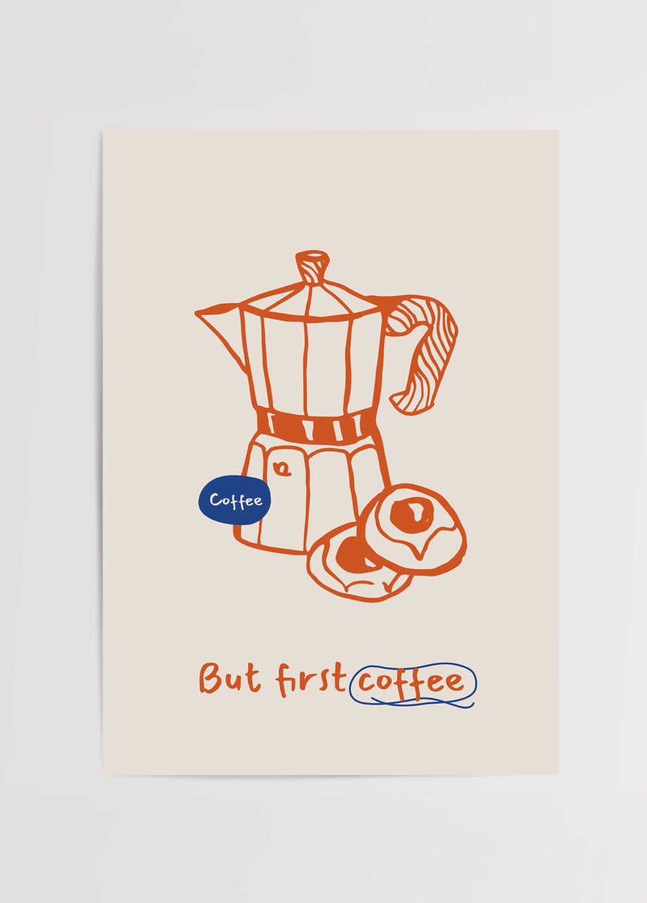 Turuncu moka pot ve donut çizimiyle “But First Coffee” yazılı kahve temalı minimal poster tasarımı