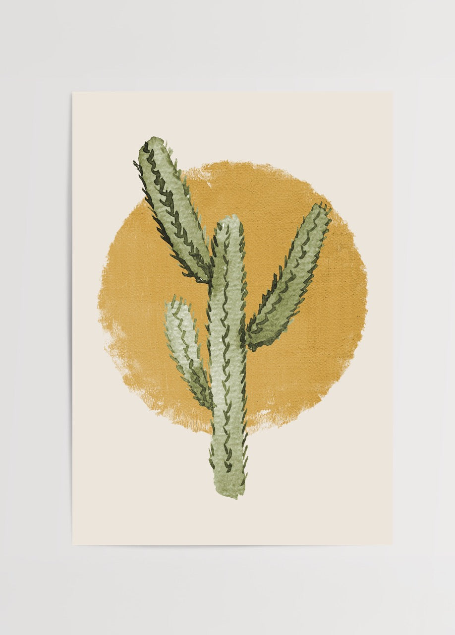 Turuncu daire zemin üzerinde yeşil kaktüs illüstrasyonu içeren minimal boho poster