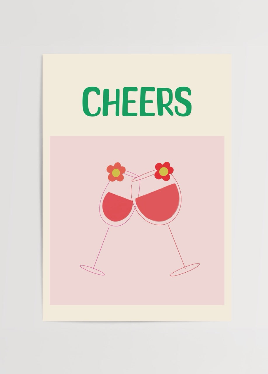 Cheers poster baskı, çiçek detaylı şarap kadehi illüstrasyonlu modern ve pastel mutfak duvar dekoru