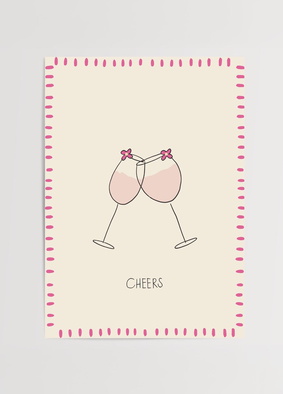 Nergis Sabancı’nın Cheers posteri; pembe çerçeve içinde iki kadehli minimal kutlama illüstrasyonu.