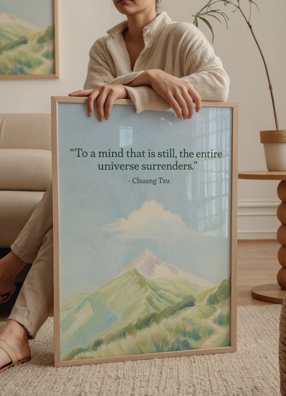 Chuang Tzu’nun “Still Mind” sözüyle dağ manzaralı pastel illüstrasyon – Hiwell x Yaris Koleksiyonu