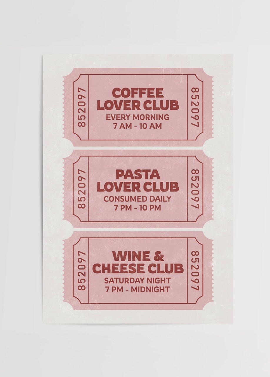 Coffee Lover, Pasta Lover ve Wine & Cheese Club temalarını barındıran retro bilet şeklinde tasarlanmış, mizahi mutfak posteri