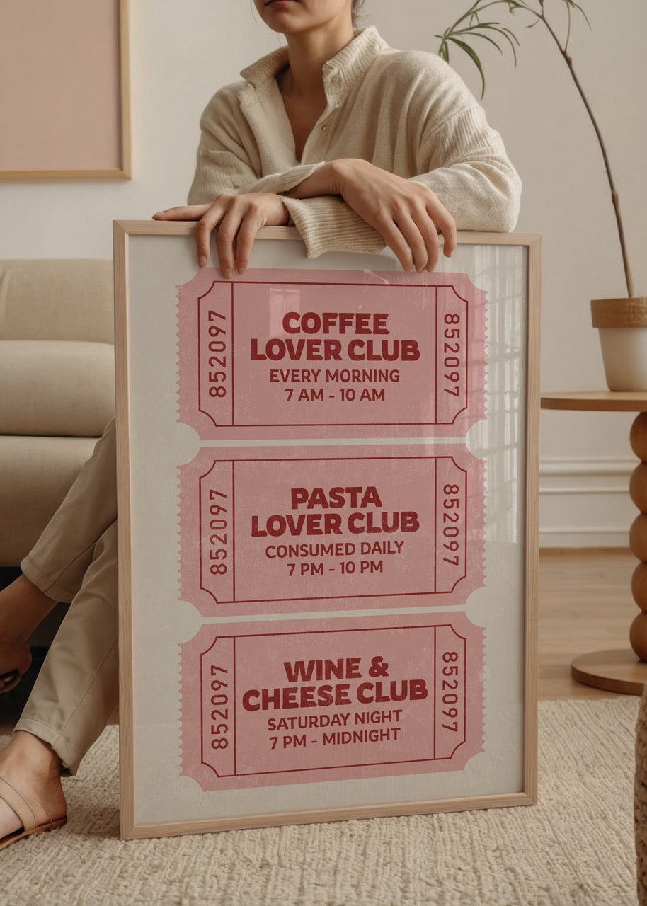 Coffee Lover, Pasta Lover ve Wine & Cheese Club temalarını barındıran retro bilet şeklinde tasarlanmış, mizahi mutfak posteri