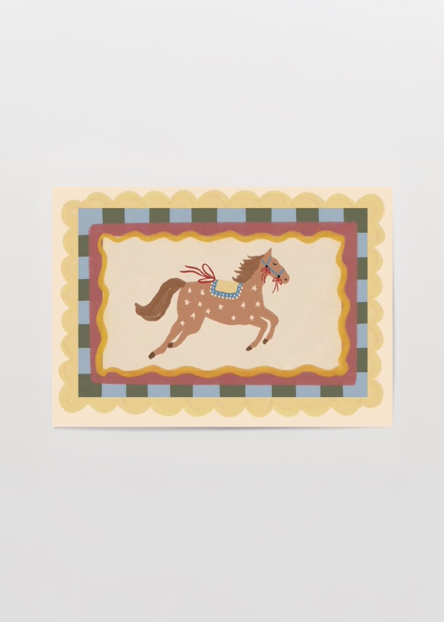 Pastel tonlarda sevimli at illüstrasyonlu çocuk odası posteri. Pony temalı nursery duvar dekoru.