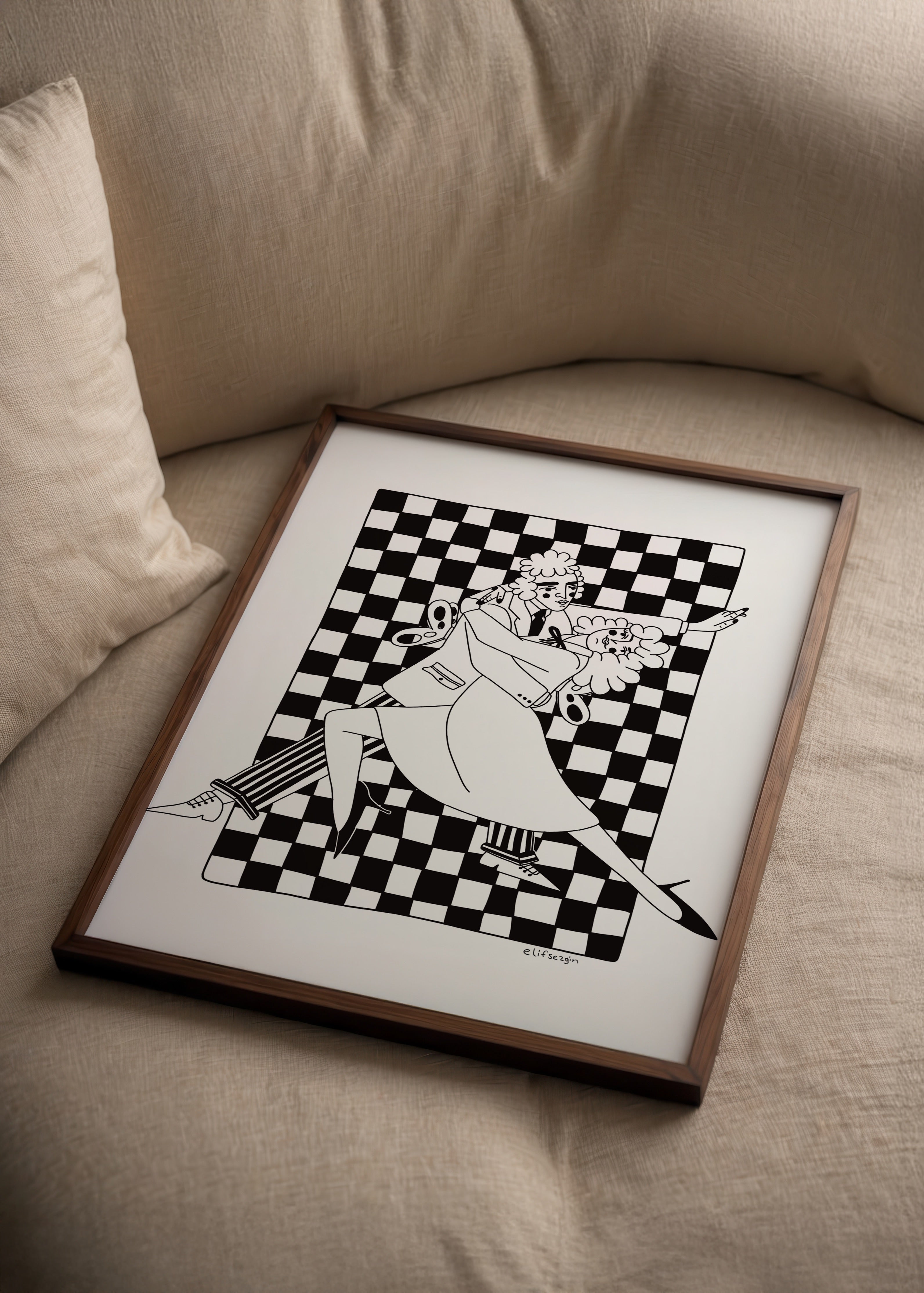 Elif Sezgin tarafından çizilen siyah-beyaz Dancing poster baskısı