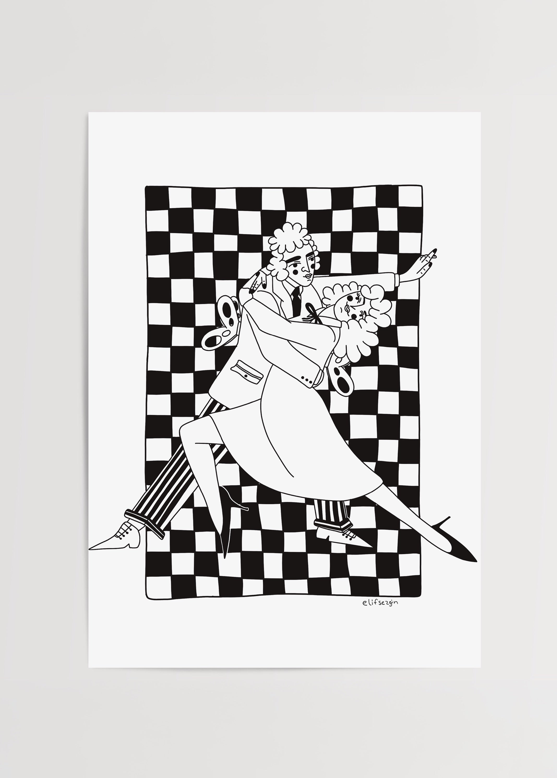 Elif Sezgin tarafından çizilen siyah-beyaz Dancing poster baskısı