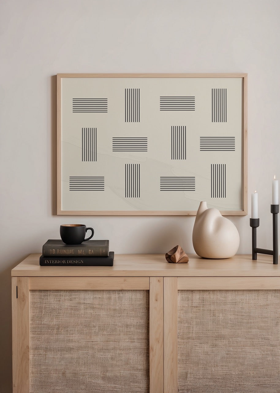 Ekru zemin üzerine siyah çizgilerden oluşan minimal ve geometrik desenli modern sanat posteri