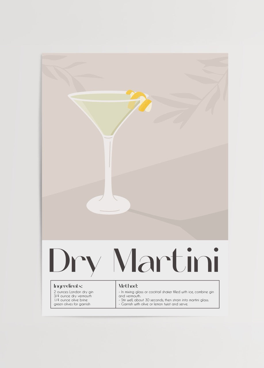 Dry Martini kokteyli tarifi içeren bej arka planlı illüstrasyon poster tasarımı