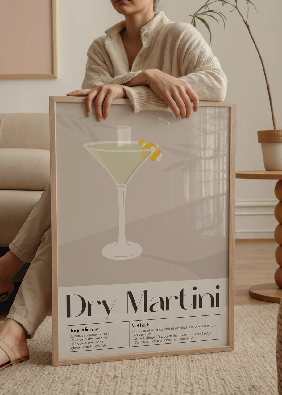 Dry Martini kokteyli tarifi içeren bej arka planlı illüstrasyon poster tasarımı