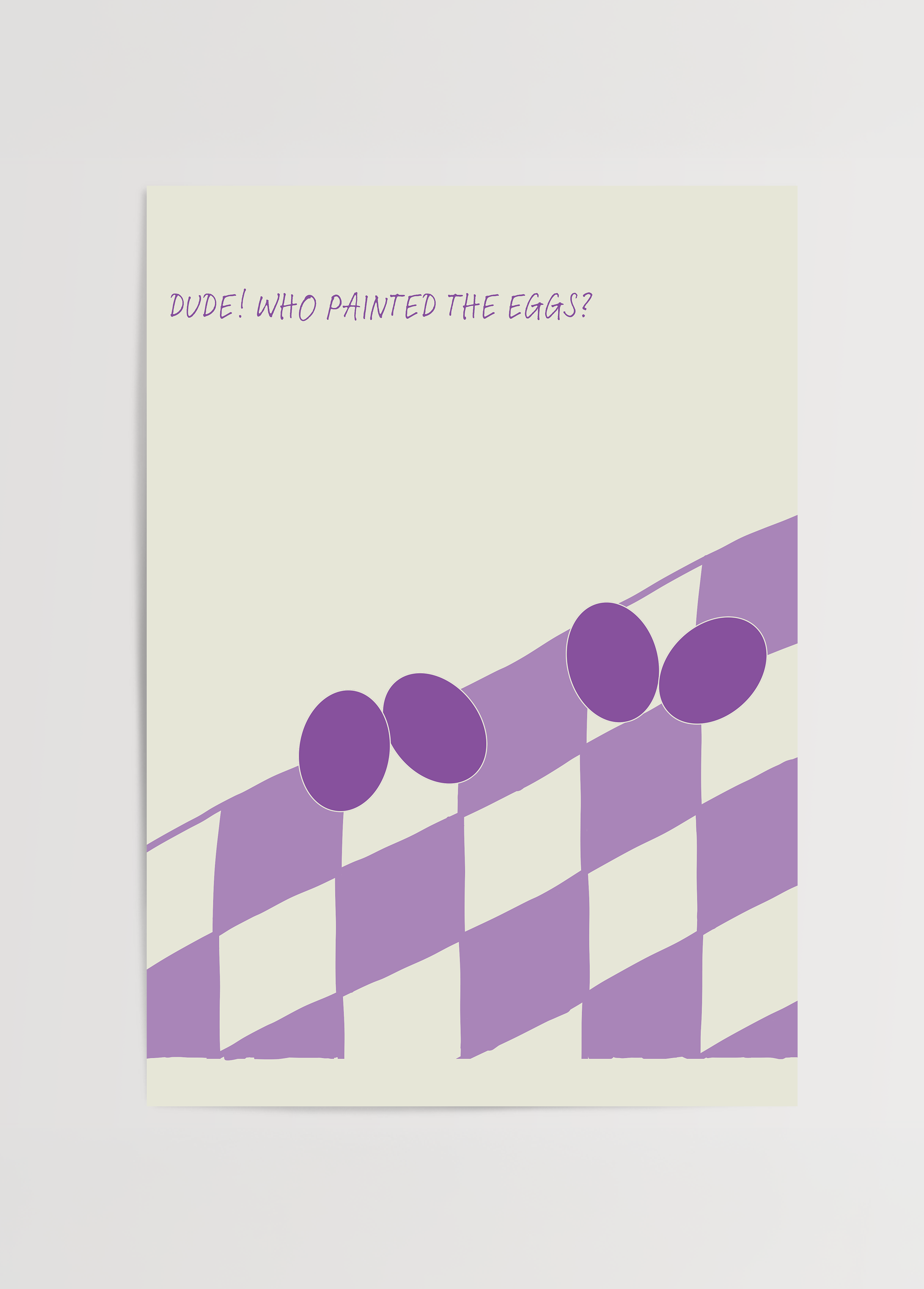 Krem zemin üzerinde mor geometrik desenler ve dört mor yumurtayla tasarlanmış minimalist Dilara Güney posteri.