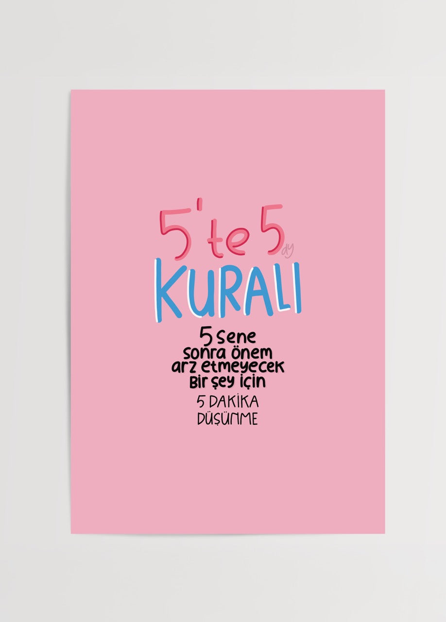 duygulariyerim’in “5’te 5 Kuralı” posteri – pembe fonda pastel mavi ve kırmızı tipografiyle farkındalık mesajı