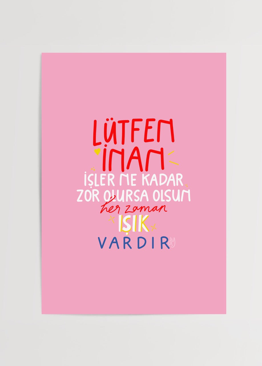 duygulariyerim’in “Lütfen İnan” adlı pembe zeminli tipografik posteri – ilham verici ve pozitif mesaj tasarımı