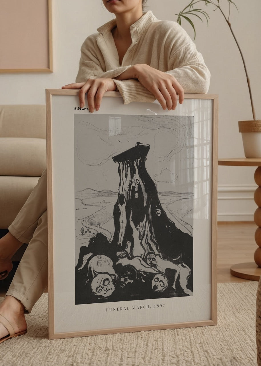 Edvard Munch’un 1897 tarihli “Funeral March” eserinden, mezara taşınan tabut ve onu izleyen maskemsi yüzlerin olduğu ekspresyonist siyah beyaz poster.