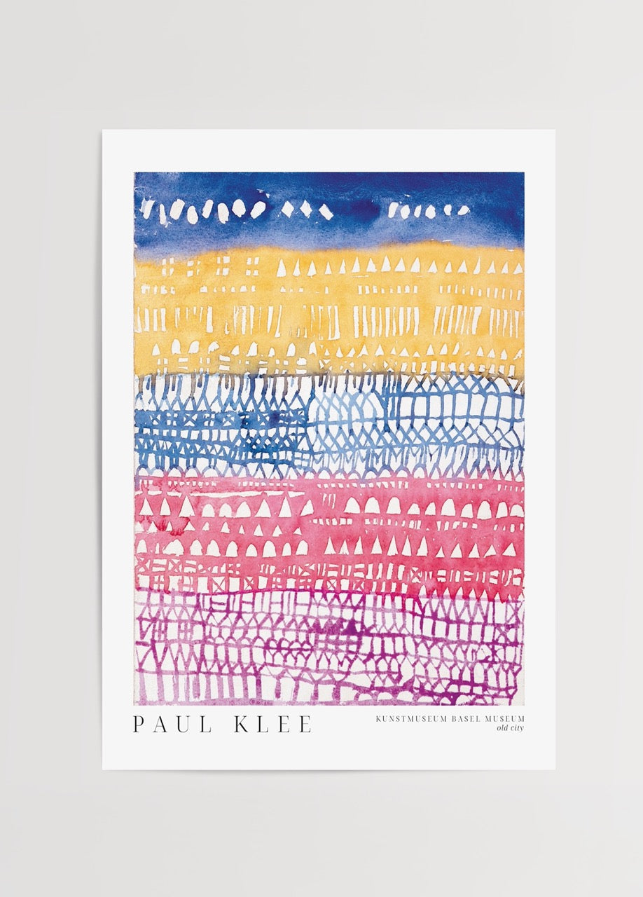 Paul Klee’nin Old City adlı eserinden esinlenen canlı renkli soyut poster tasarımı