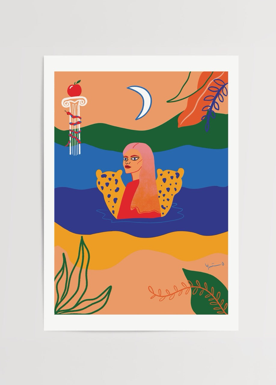 Yağmur Solakoğlu’nun Ethos posteri, mitolojik figürler ve doğa sembolleriyle renkli illüstrasyon