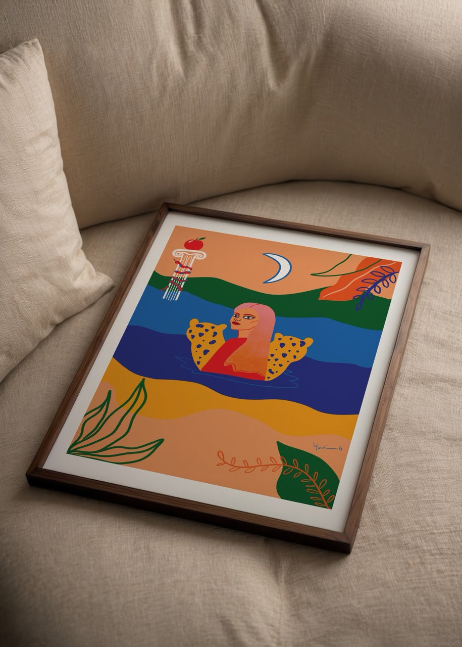 Yağmur Solakoğlu’nun Ethos posteri, mitolojik figürler ve doğa sembolleriyle renkli illüstrasyon