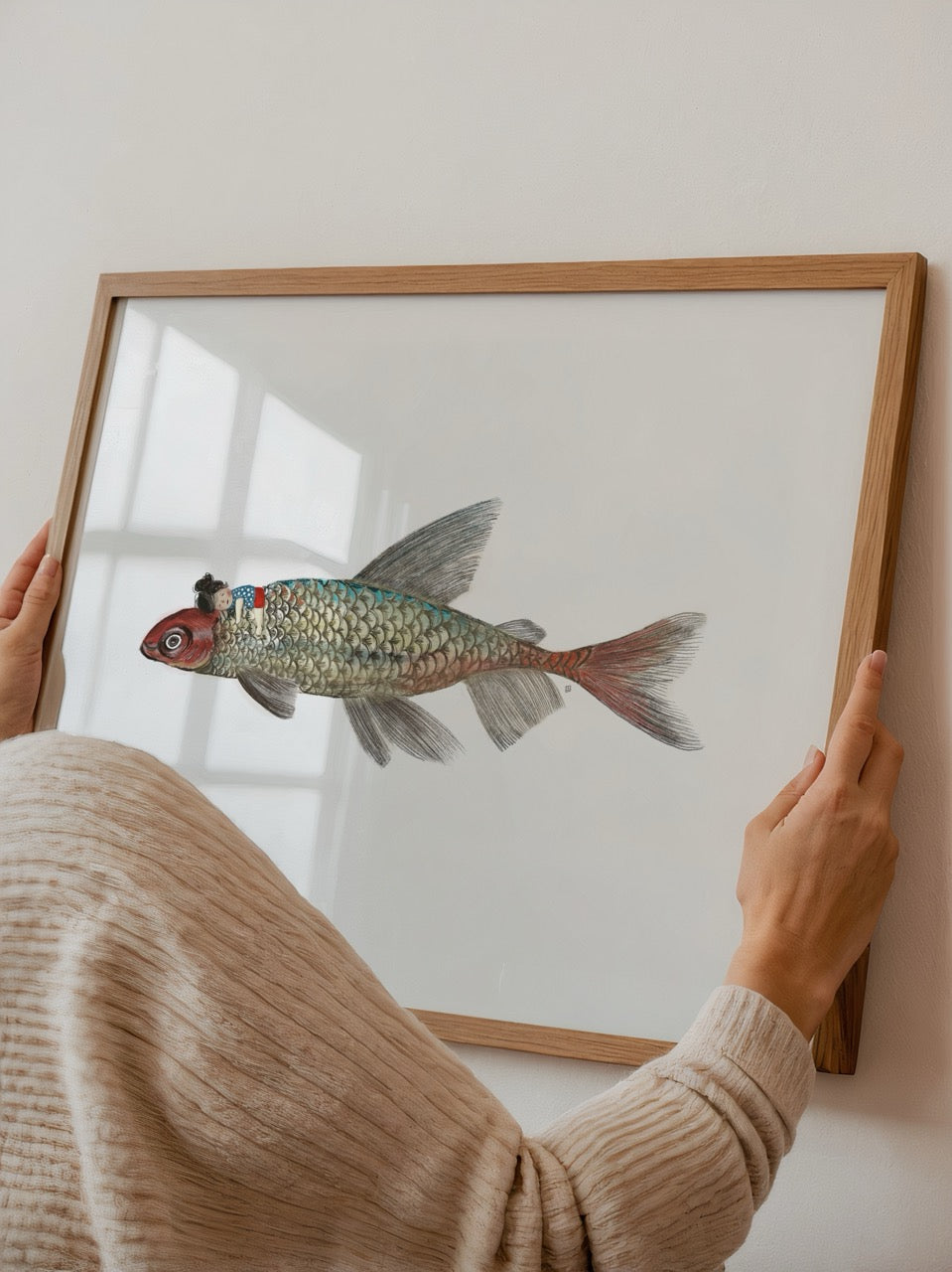 İlke Arseven’in “Fish & Little” adlı, büyük balık ve üzerinde minik figür içeren modern illüstrasyon posteri.