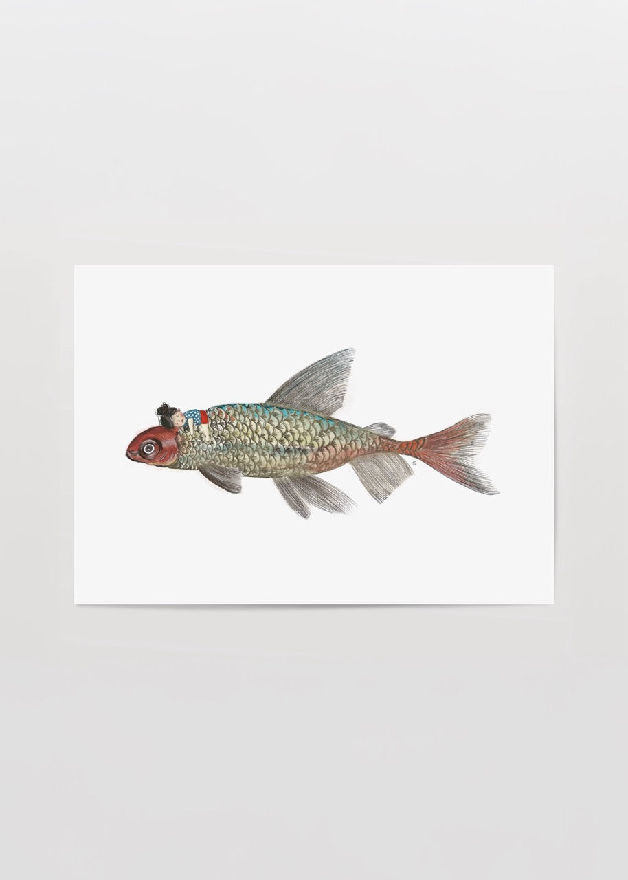 İlke Arseven’in “Fish & Little” adlı, büyük balık ve üzerinde minik figür içeren modern illüstrasyon posteri.