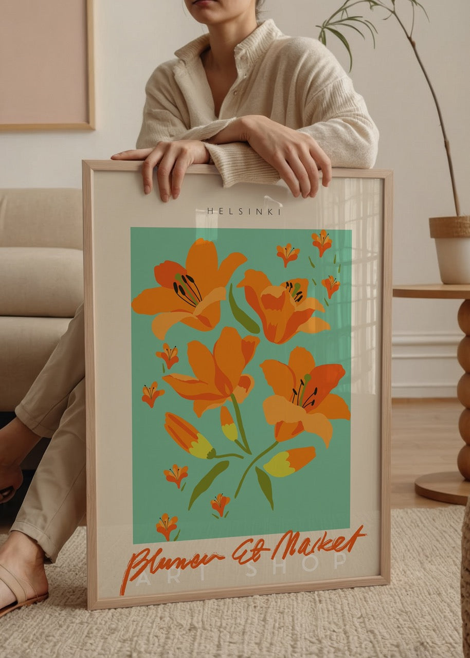 Turuncu zambak çiçekleri ve “Helsinki” yazısı içeren, retro tarzda illüstratif çiçek posteri.