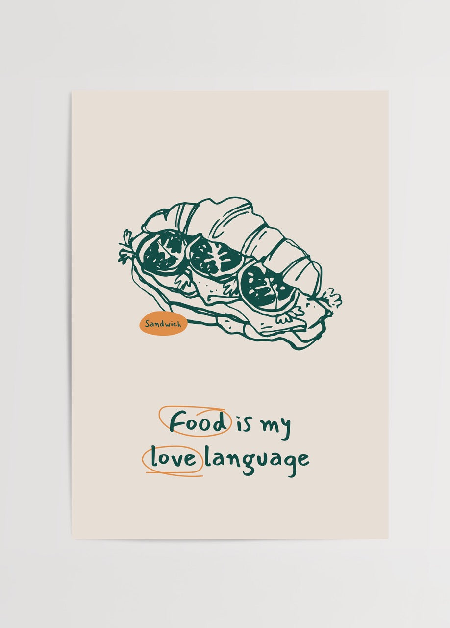 Croissant sandviç çizimi ve "Food is my love language" yazısı içeren mutfak posteri