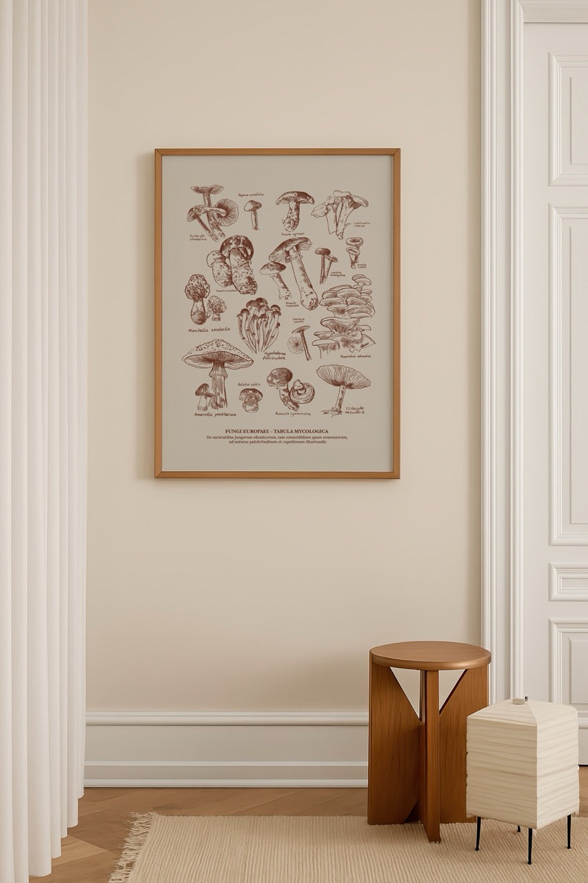 Elif Bilgin’in Fungi Europaei posteri, Avrupa mantar türlerini gravür tarzında sunan bilimsel illüstrasyon.