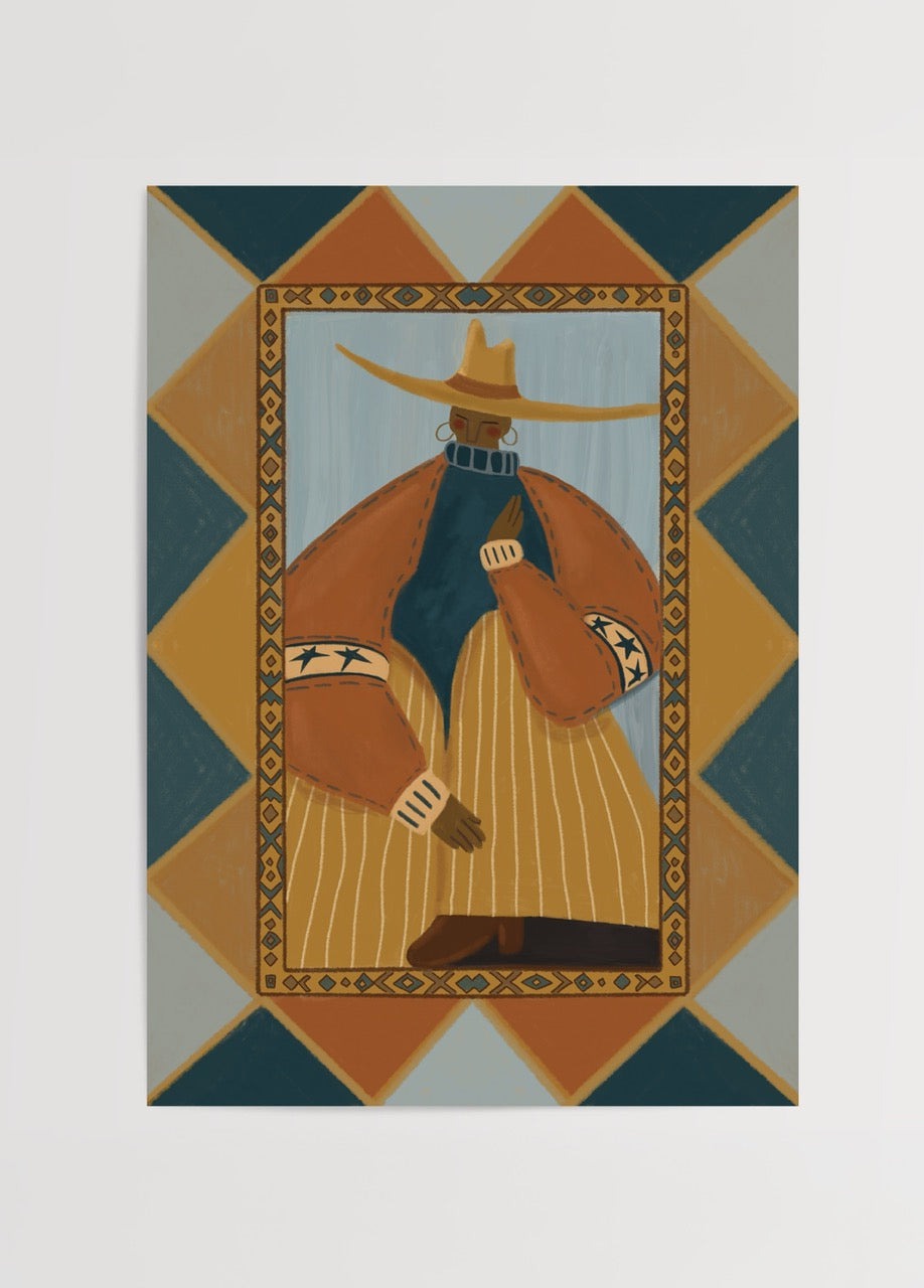 Elif Korkut’un geometrik desenlerle çevrelenen figüratif modern illüstrasyon posteri.