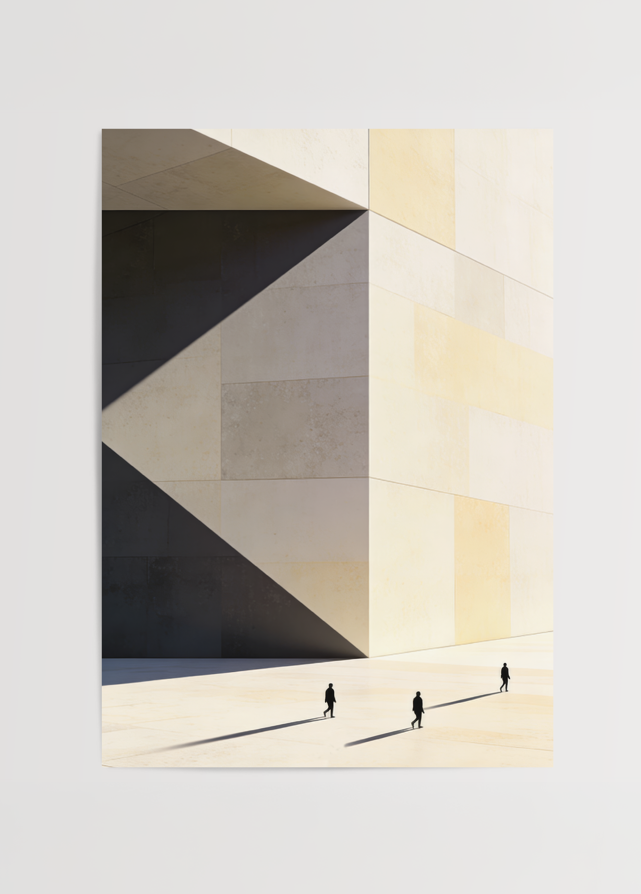 Minimalist mimari yapının köşesinde oluşan dramatik geometrik gölgeler ve geniş açık alanda yürüyen insan figürlerini gösteren çağdaş mimari sanat posteri.