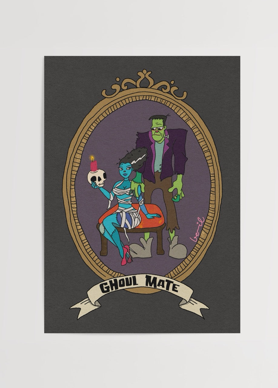 Gotik çerçeve içinde karanlık mizah ve popüler kültür temalı karakter illüstrasyonu