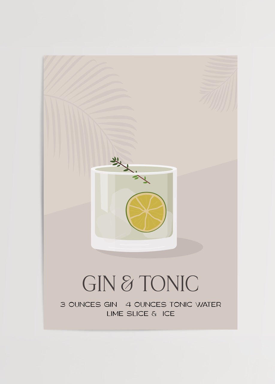 Bej zemin üzerinde lime dilimi ve içkili bardakla çizilmiş Gin & Tonic tarifi illüstrasyon posteri