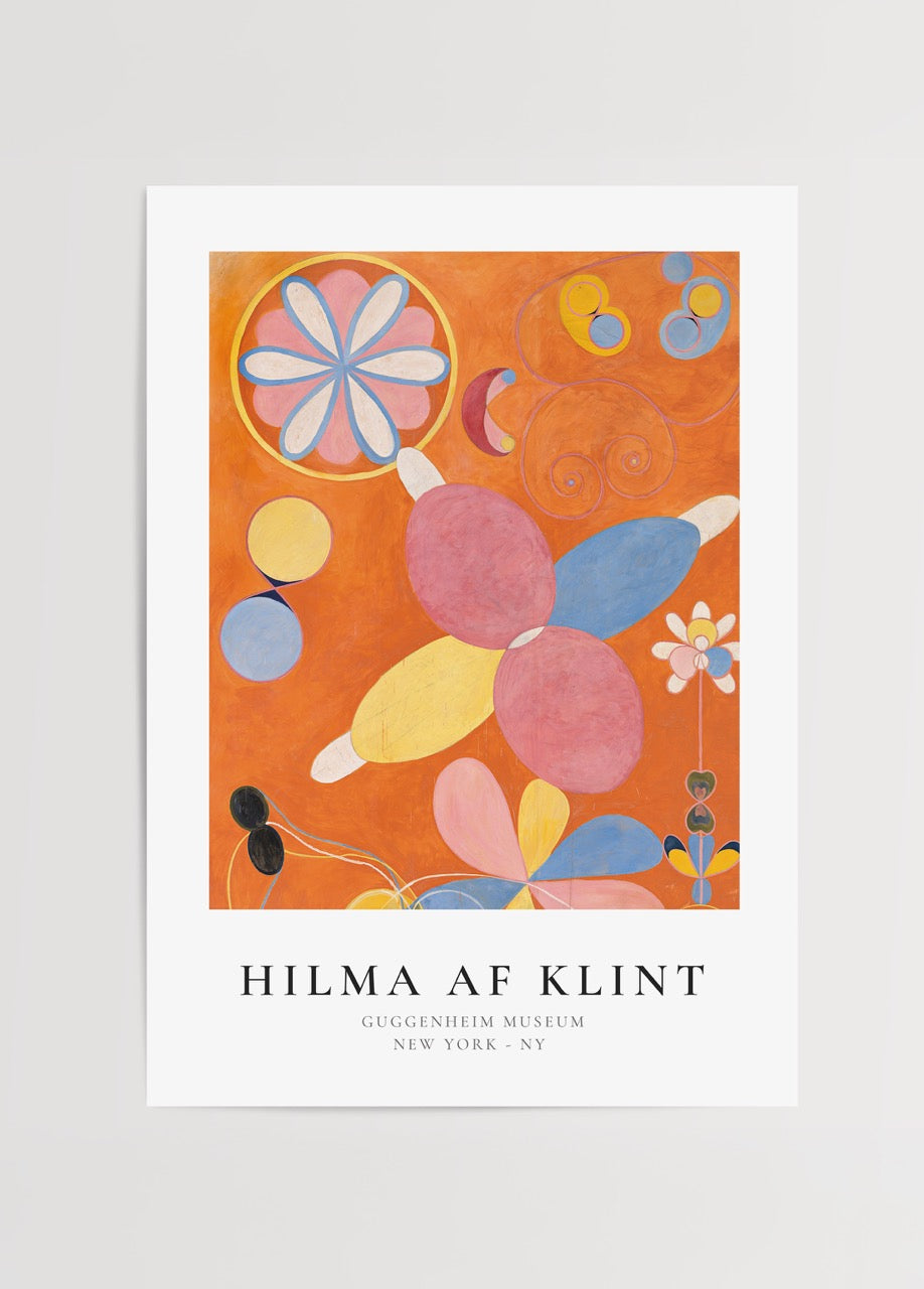 Hilma af Klint tarzında renkli geometrik ve spiritüel semboller içeren soyut sanat posteri