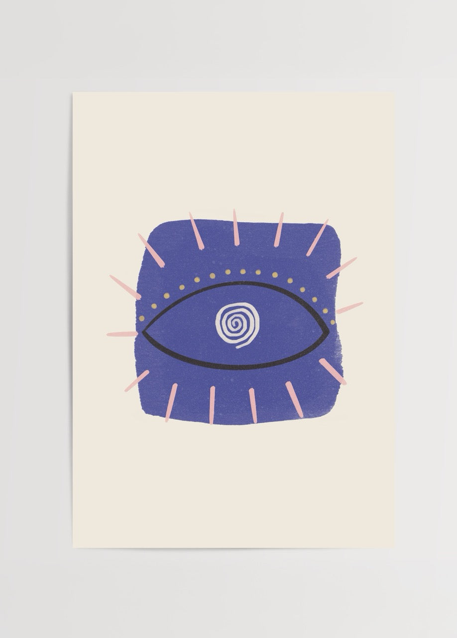 Krem zemin üzerinde mavi tonlarda stilize bir göz figürüyle tasarlanmış, sezgi ve farkındalık temalı illüstrasyon posteri.